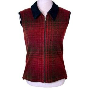 Women’s Red Tartan Plaid Zip Up Fleece Vest Outdoors Cabincore Layering Sz Sm